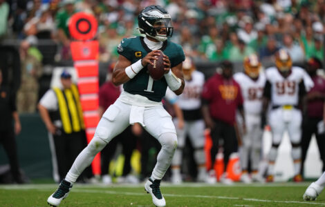 Jalen Hurts throws 3 TD passes and Eagles stuff Commanders' late 2-point try for 24-22 win